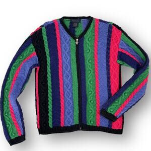 Eagle’s Eye Vintage Turtle Zipper Colorblock Cable Knit Cardigan Sweater Sz S